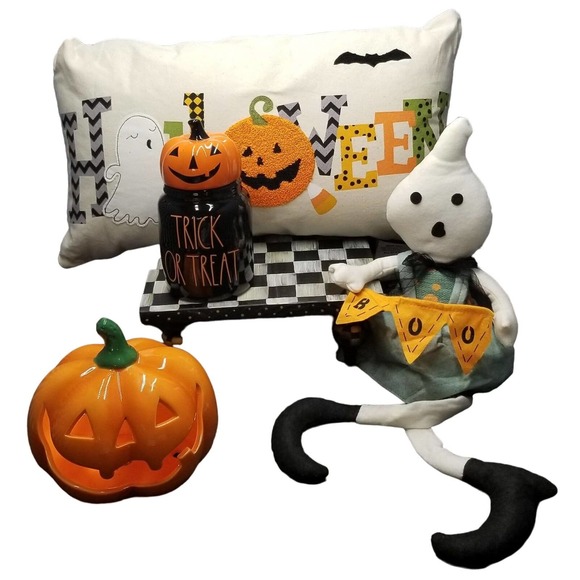 Rae Dunn "Trick Or Treat" Pumpkin Canister, Led Pumpkin, Plush Ghost, Pillow Set - Picture 1 of 1